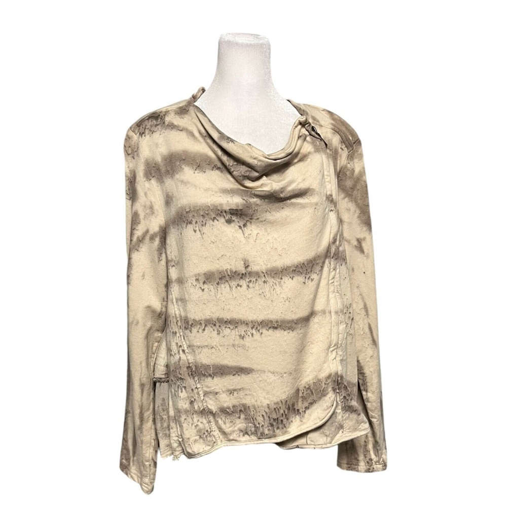 XCVI Beige Print Drape Neck Asymmetrical Zip Top Size Large